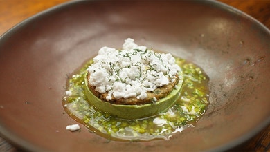 Coriander Panna Cotta with Passionfruit Syrup and Coriander Biscuit