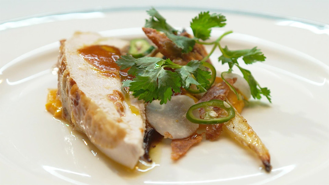 Rendang Roasted Chicken with Coconut and Carrot Purée