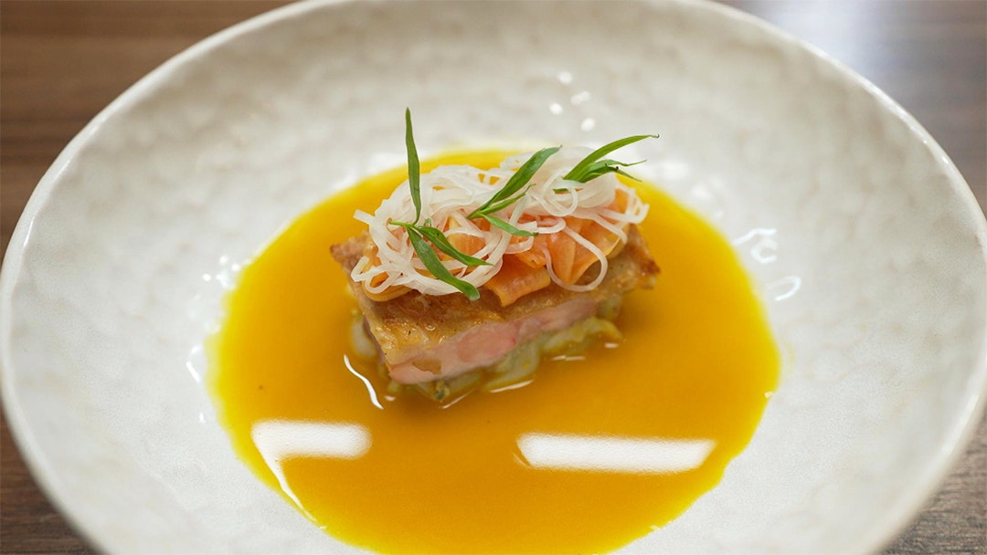 Crab And Turmeric Broth, Pickled Papaya And Kohlrabi, Grilled Maryland
