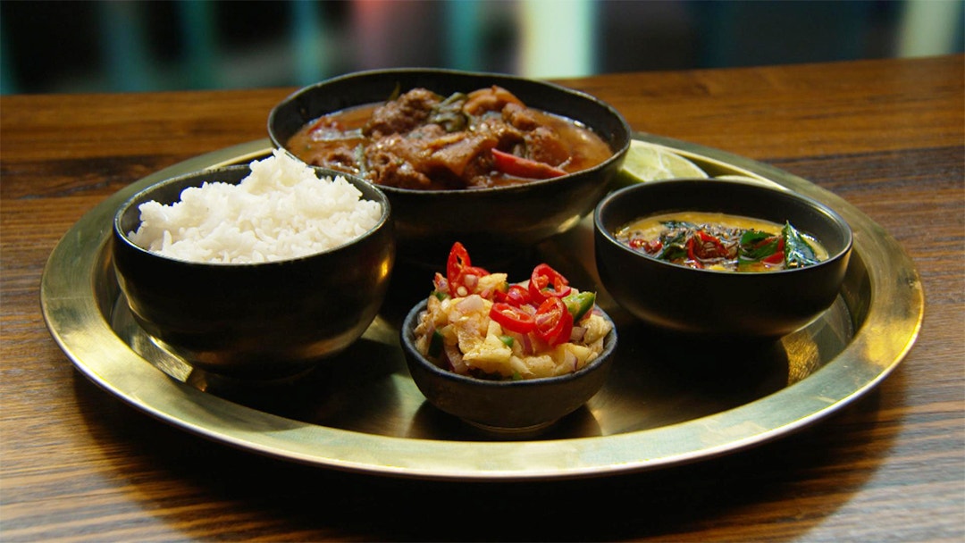 Pork Belly Curry with Chana Dal Curry and Chilli Pineapple