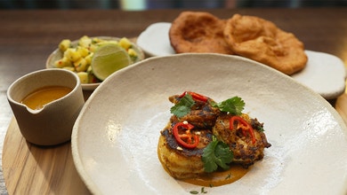 Caribbean Prawn Curry with Pineapple Salsa, Fried Flatbread