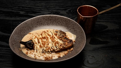 Coffee Marinated Eggplant with Tofu Latte, Coffee Jus