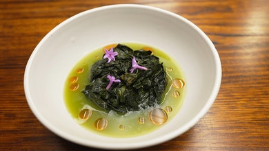 Braised Kale with Cucumber Broth, Aniseed and Cinnamon Myrtle Chilli Oil 