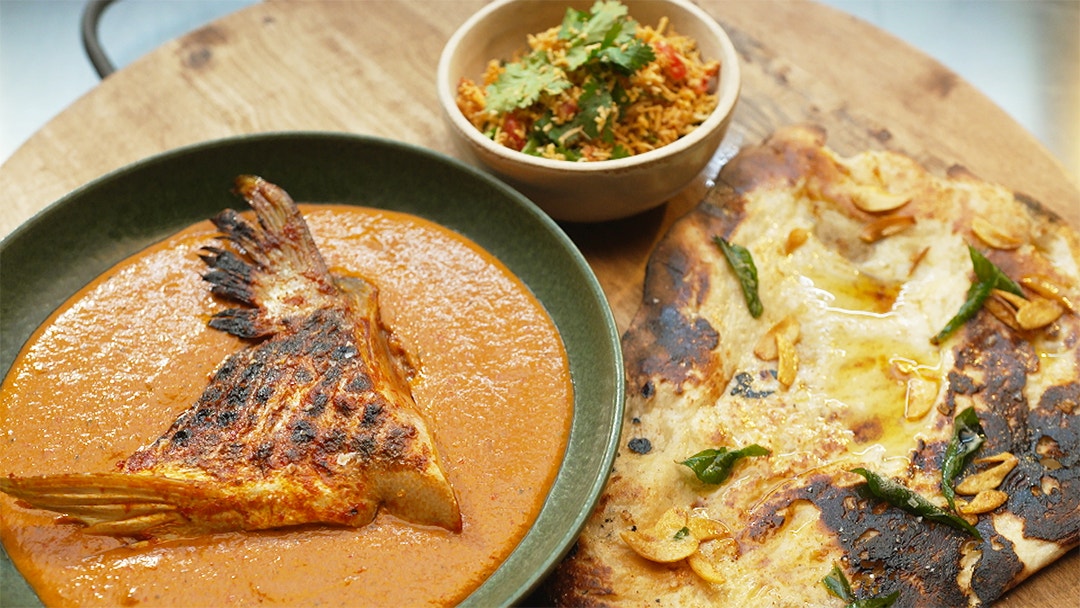 Fish Wing Curry with Coconut Sambal and Garlic Naan Bread