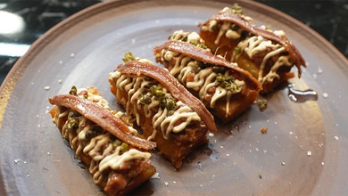 Crispy Potatoes with Beef Tartare and BBQ Meatloaf Sauce