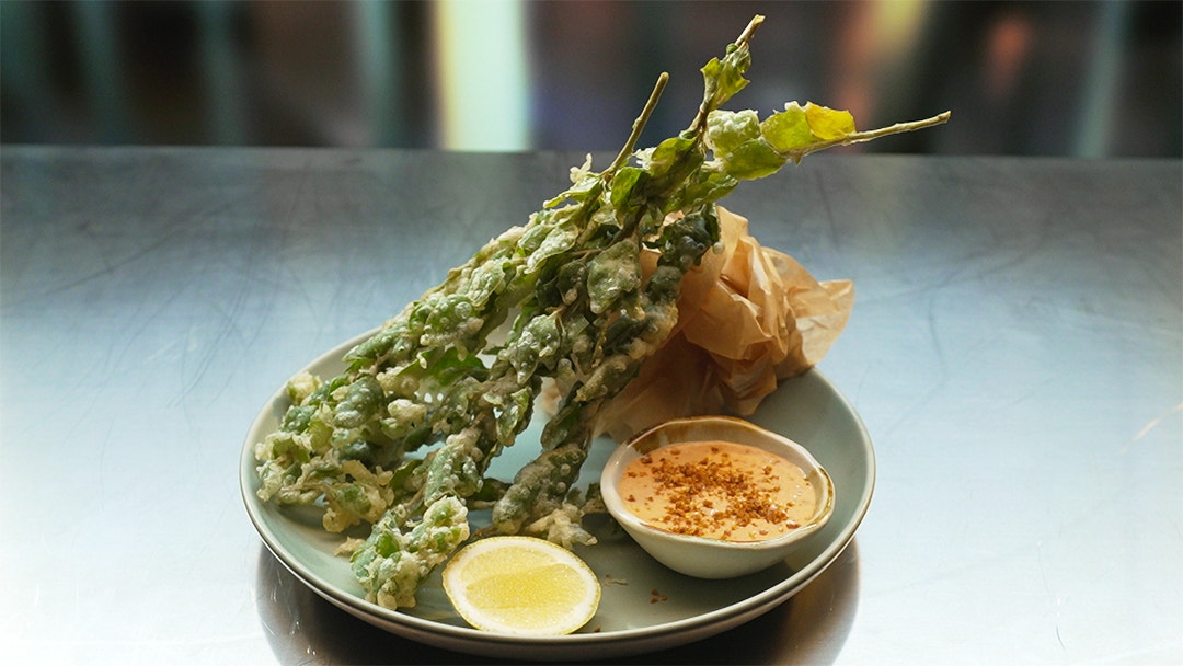 Fried Saltbush with Bush Tomato Mayonnaise