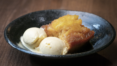 Orange Upside Down Cake with Orange and Ginger Ice Cream