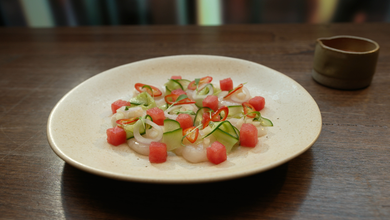 Watermelon Aguachile with Scallop, Coconut Granita