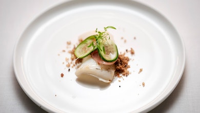 Gin Squid with Wasabi Cream and Botanical Rye Crumb