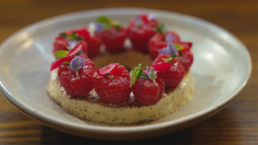 Strawberry Gum Parfait with Raspberries and Roses