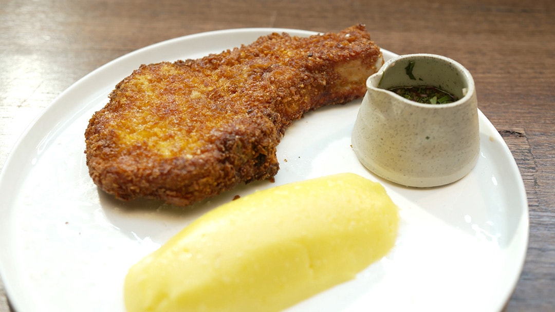 Corn Flake Pork Chop with Mashed Potato and Mint Sauce
