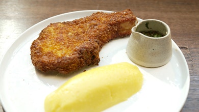 Corn Flake Pork Chop with Mashed Potato and Mint Sauce