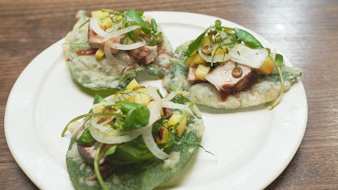 Tempura Betel Leaf with Pork, Pineapple and Rosella Sauce, and Salsa