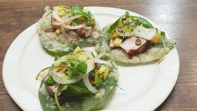 Tempura Betel Leaf with Pork, Pineapple and Rosella Sauce, and Salsa