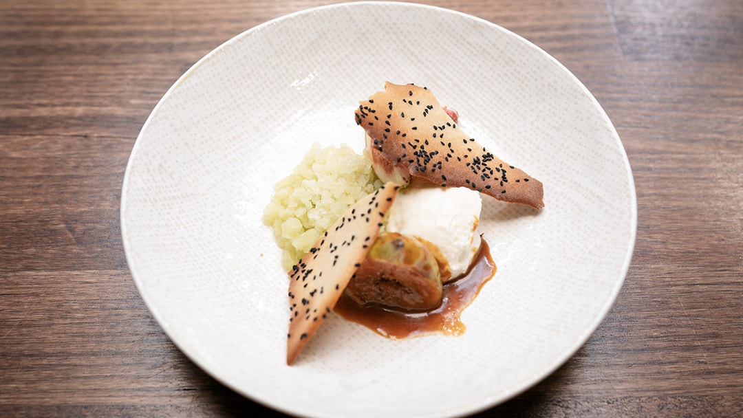 Fig Leaf Granita, Goats Cheese Cream and a Buckwheat Crisp