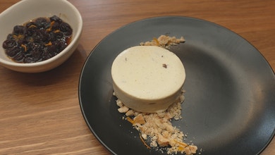 Rum and Raisin Semifreddo with Hazelnut Crumb and Raisin Compote