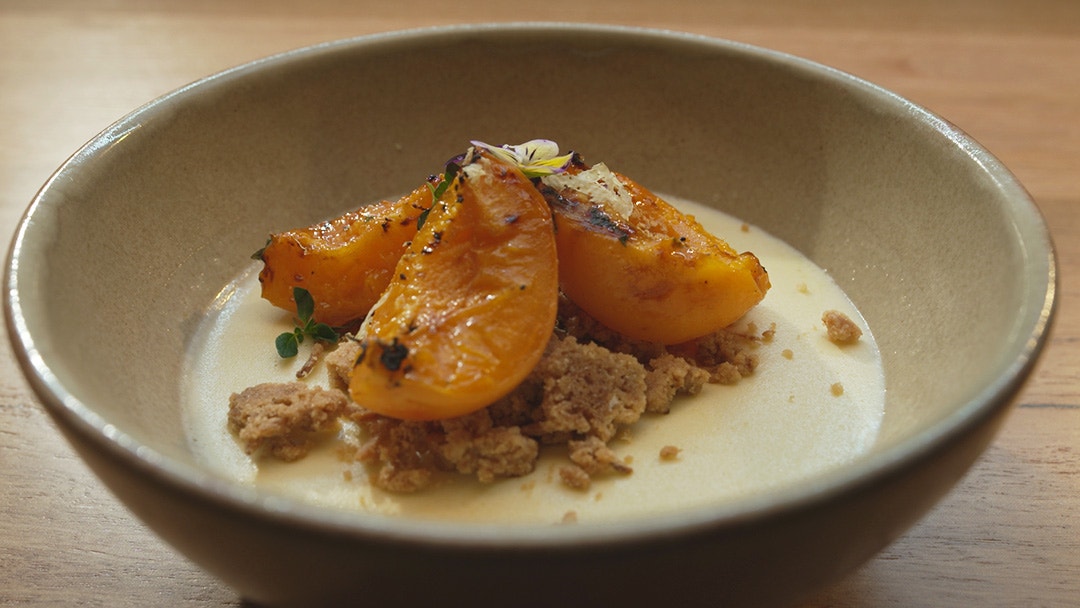 Honey and Olive Oil Pana Cotta with Lemon Crumb and Charred Apricots