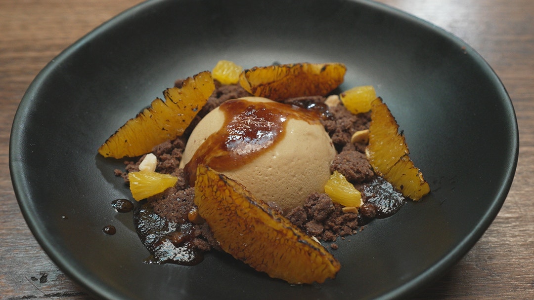 Coffee Parfait with Biscuit Crumb, Burnt Orange and Coffee Syrup 