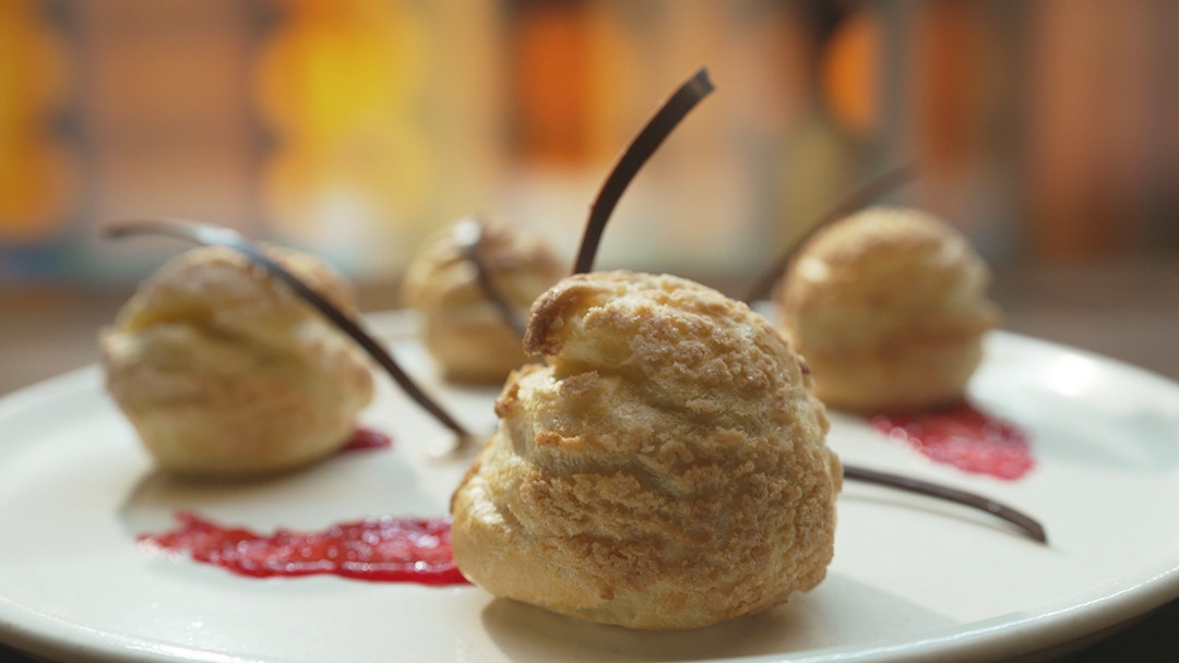 Choux Buns with Raspberry Craquelin and Hazelnut Praline