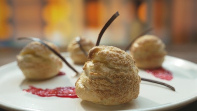 Choux Buns with Raspberry Craquelin and Hazelnut Praline