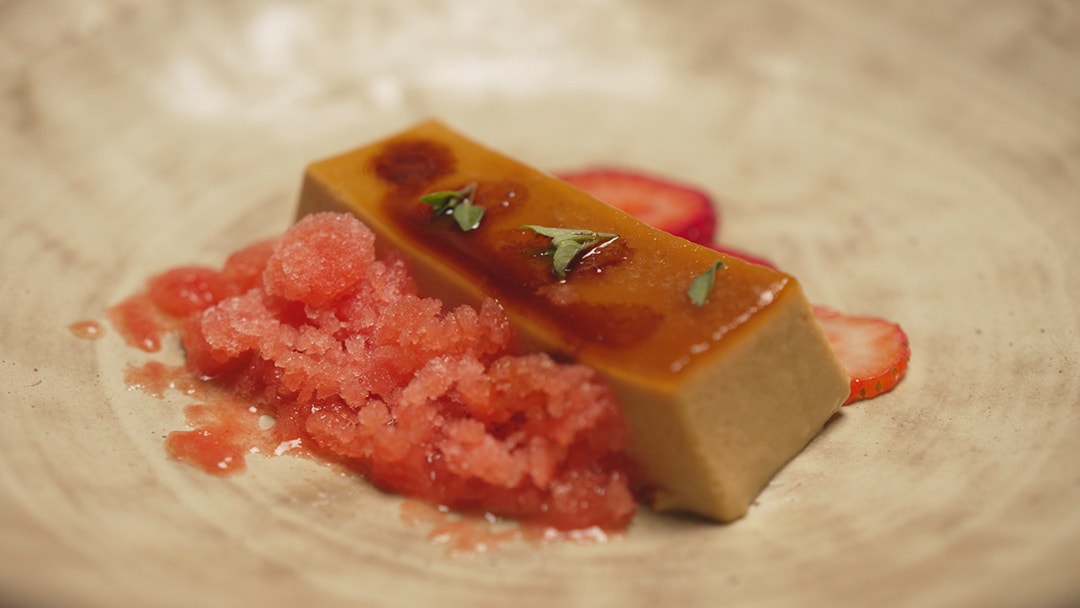 Tomato Honey Panna Cotta, Strawberry and Tomato Granita and Black Garlic Glaze