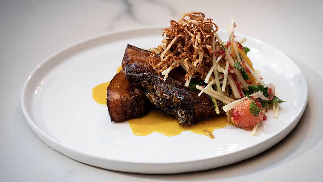 Crispy Pork Belly with Citrus Caramel and Asian Salad
