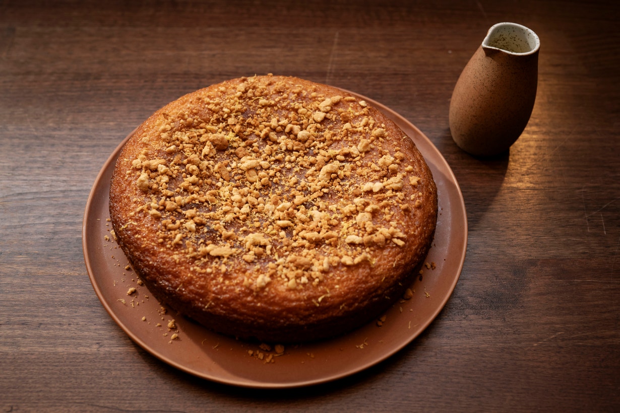 Sultana Cake with Golden Syrup Crumble and Custard