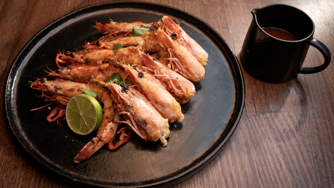 Sweet and Sour Prawns with Bisque and Crispy Stuffed Prawn Heads