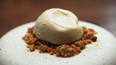 Fig Leaf Ice Cream, White Chocolate and Macadamia Crumb with Olive Oil