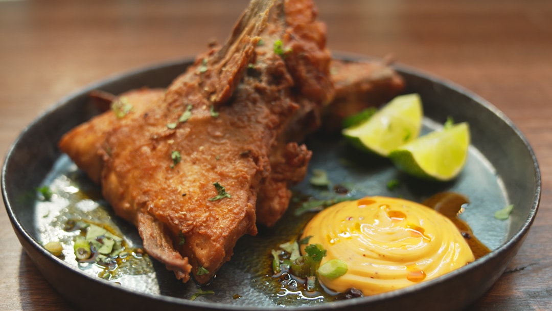 Fried Kingfish Wings with Smoked Egg Yolk Chilli Oil Mayo