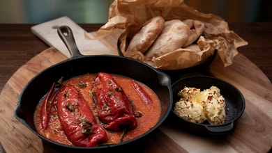 Stuffed Capsicums in Tomato Sauce, Bread and Kajmak Dip
