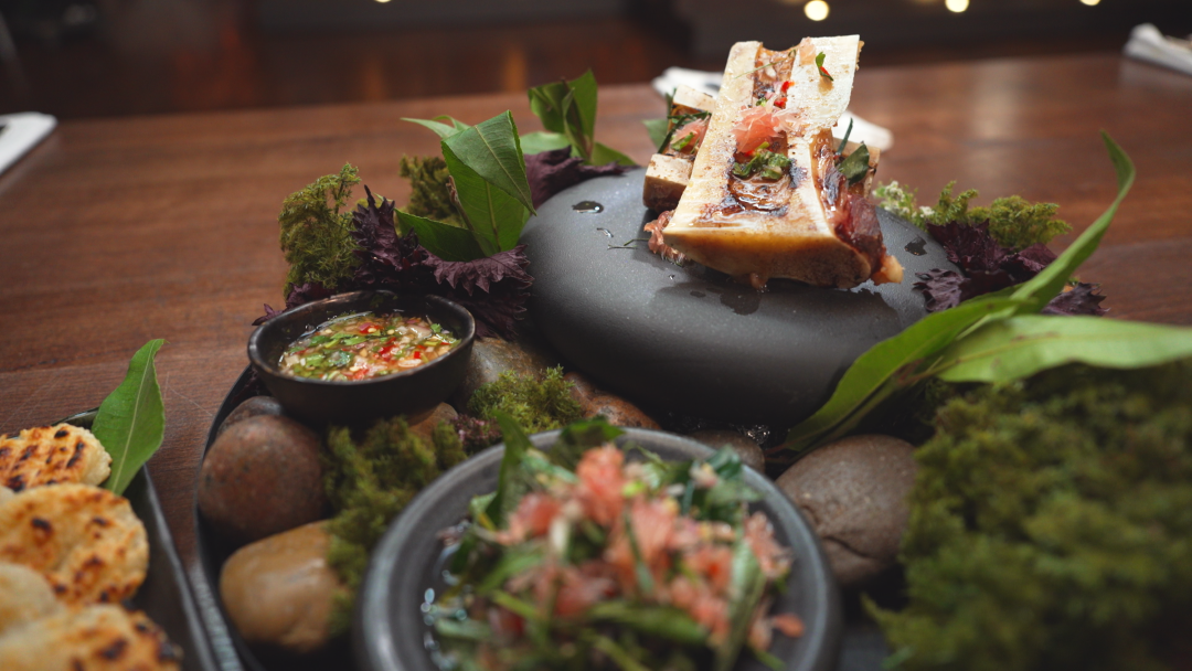 Roasted Bone Marrow, Jeow Som, Khao Jee & Betel Leaf Pomelo Salad