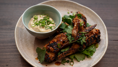 Prawn And Scallop Stuffed Chicken Wings With Oyster Sauce Glaze, Oyster Sauce And Soy Mayo