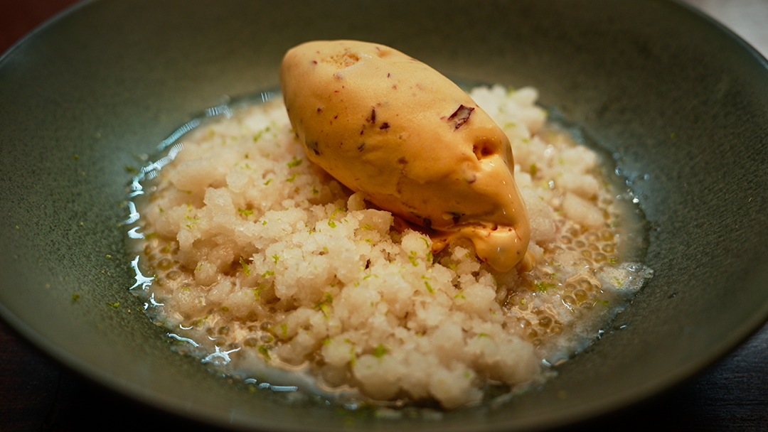 Chilli Oil Ice Cream With Coconut Sago Pudding And Lychee Lime Granita