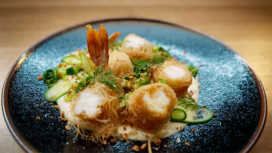Kataifi Prawns, Skordalia and Tzatziki