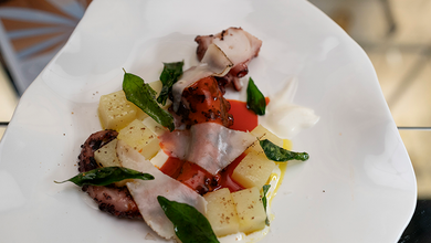 Charred Octopus, Curried Potato, Camel Lardo, Red Pepper Jus