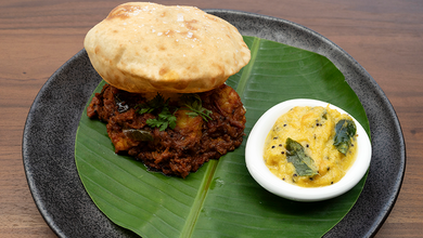 Prawn Sukka with Banana Bread, Tempered Rice and Mango Pachadi