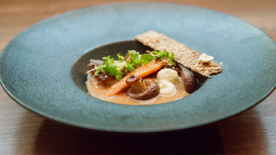 Hazelnut-Crusted Fish with Hazelnut Beurre Blanc, Celeriac Emulsion, Mushrooms & Carrots