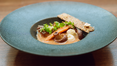 Hazelnut-Crusted Fish with Hazelnut Beurre Blanc, Celeriac Emulsion, Mushrooms & Carrots