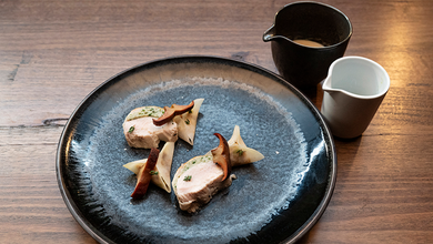 Garlic and Thyme Stuffed Chicken, Kohlrabi and Pine Mushroom Dumplings, Garlic Velouté