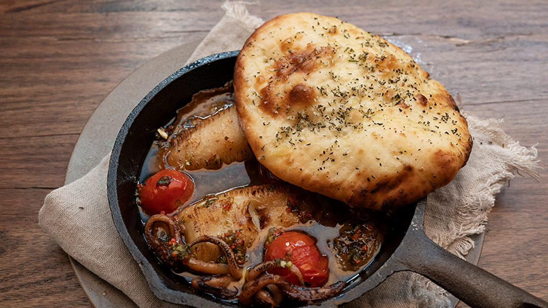 Confit Squid with Rosemary Garlic Flatbread