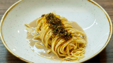 Hand Cut Tagliernin, Anchovy Dashi & Yuzu Kosho, Green Ants