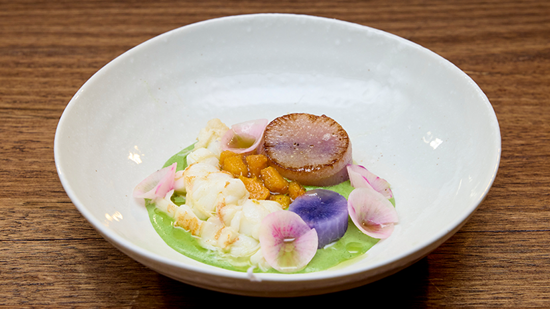 Butter Poached Bay Lobster, Braised Daikon, Daikon Leaf Veloute, Chutney with Pumpkin and Jam