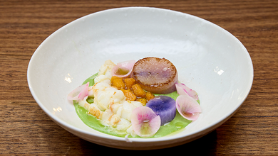 Butter Poached Bay Lobster, Braised Daikon, Daikon Leaf Veloute, Chutney with Pumpkin and Jam