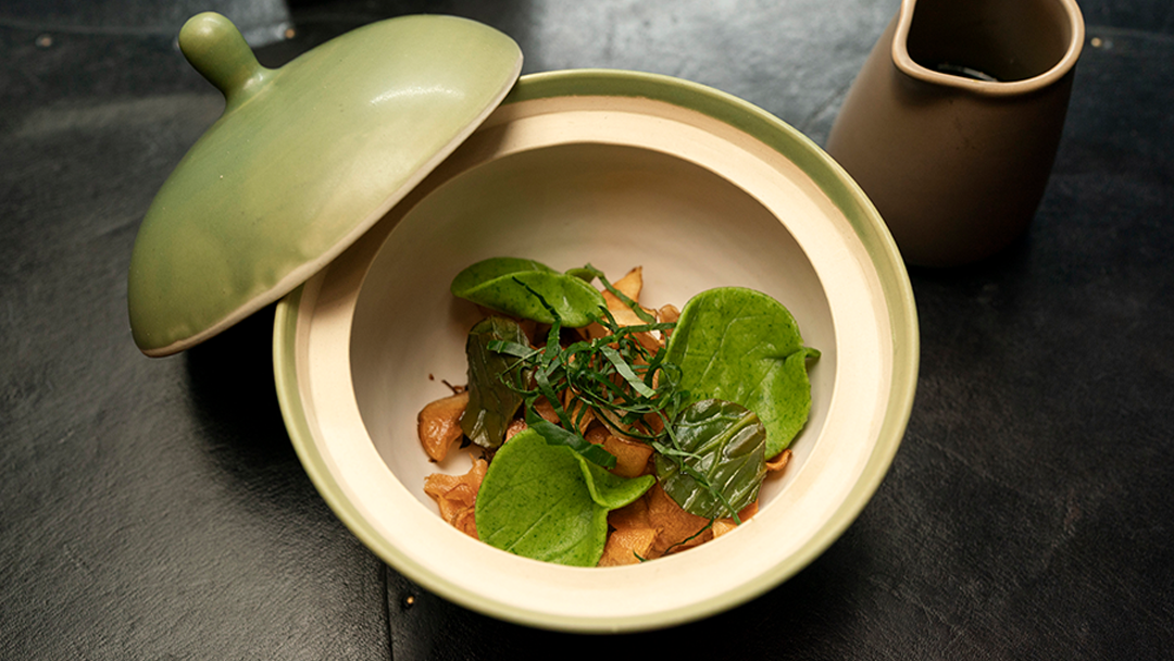 Wasabi Leaf, Shitake, Jerusalem Artichoke, Shio Koji, Mushroom Sauce and Wasabi Leaf Sauce