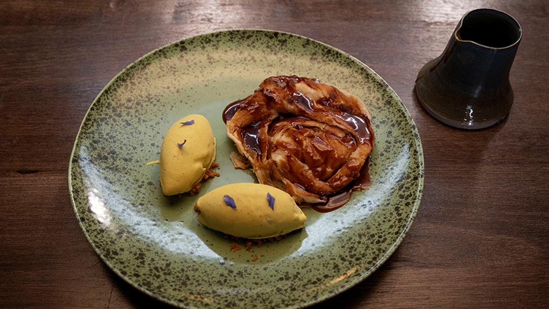 Thai Curry Ice Cream with Roti, Chilli Caramel and Lemon and Ginger Crumb