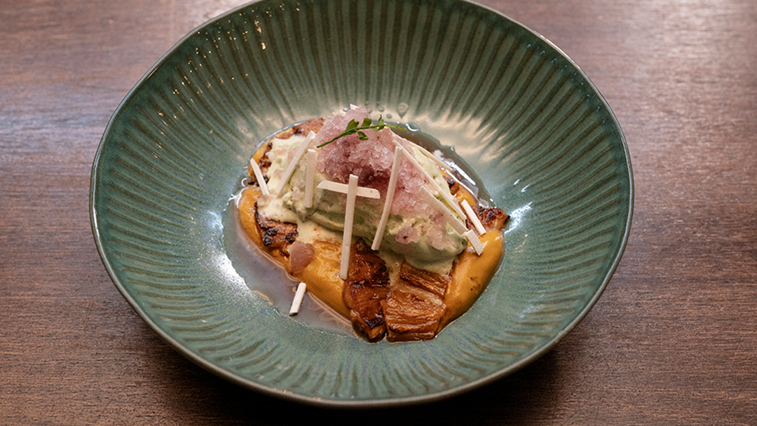 Curry Leaf & Pepper Ice Cream with Solkadhi Granita, Charred Pineapple, Pumpkin and Peanut Butter Puree and White Pepper Meringue Twigs