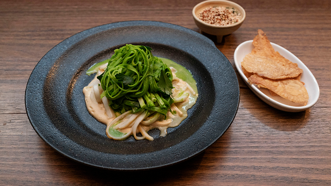 Grilled Calamari, Potato Noodles, Chicken and Tahini Sauce, Chicken Skin And Aleppo Za’atar