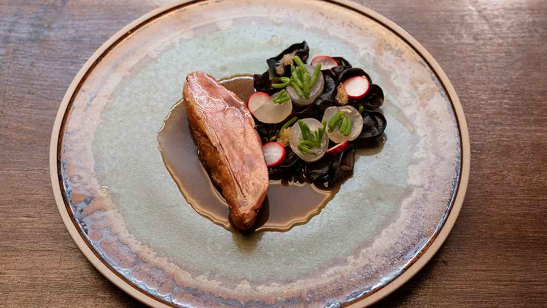 Pan Seared Duck Breast, Ginger Mirin Duck Sauce, Ginger Pickled Wood-Ear, Radish and Wakame Salad