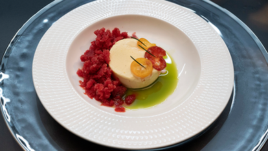 Pendleton Blood Orange Olive Oil Parfait, Campari Granita, Geraldton Wax